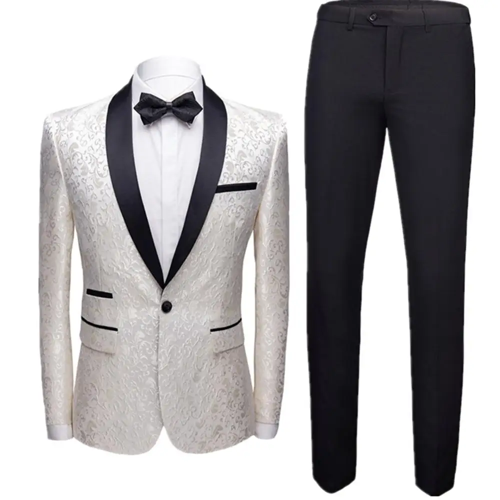 

High Quality Embroidered White Custom Made Men Wedding Suits Slim Fit 2 PCs Jacket+Pants For Wedding Groom Prom Party Tuxedos