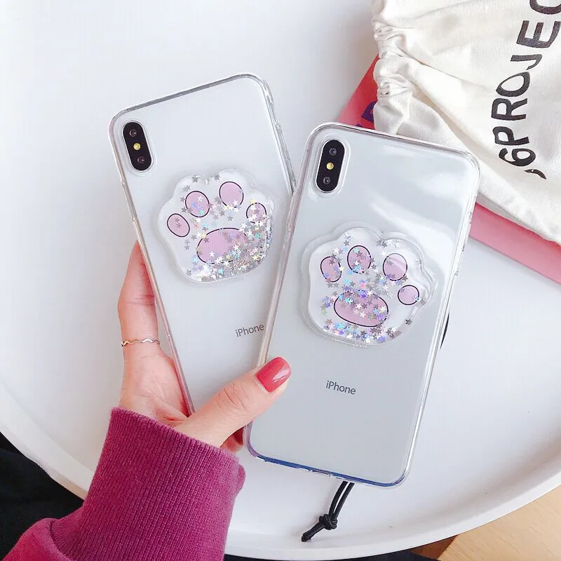 

PEIPENG pink cat paw phone case cute Anti-fall For iPhone XS MAX XR X Star sequins Transparent glue drop For iPhone 6 6s7 8Plus