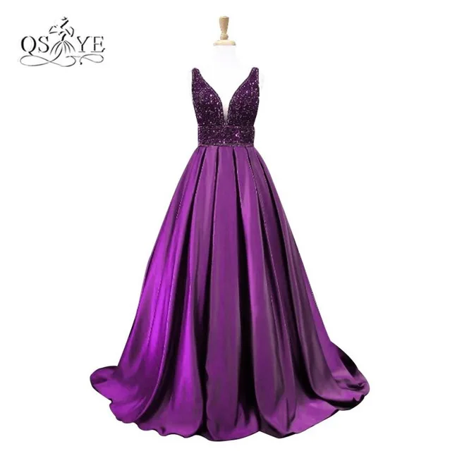 Purple Ярко-синий длинный выпускного вечера платья Robe de Soiree сексуальный V шеи бисером Топ развертки Поезд Атласное Вечернее платье на заказ выпускное платье - Цвет: Purple