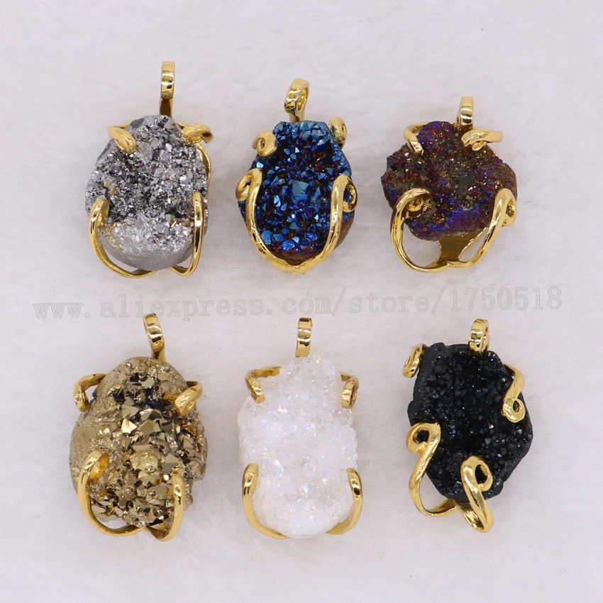 10 шт. натуральный жеод камень кулон гальванизированный цвет druzy Очаровательные