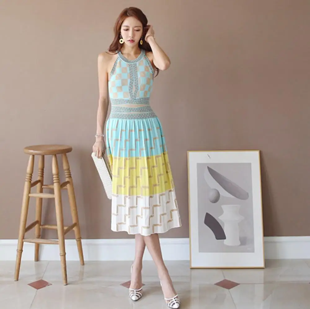

Knit Dress Sleeveless Stretch Women Bodycon Long Midi Dress Chic Color Block Patchwork Hanging O-neck Empire Waist Ladies Dress