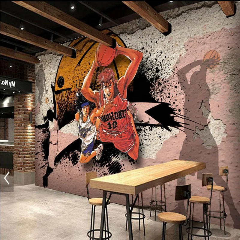 

Custom photo wallpaper 3D Stereo Basketball Anime Characters Mural Corridor Restaurant Wallpaper Worn Wall Decorative Painting