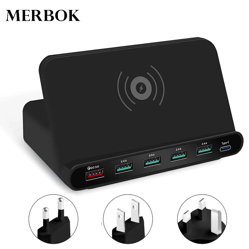 

10W Qi Wireless Charger For iPhone X/XS Max XR 8 Plus QC3.0 Quick Type-C 5-USB Charging For Samsung S8 S9/S9+ Note 9 Xiaomi 2S/3