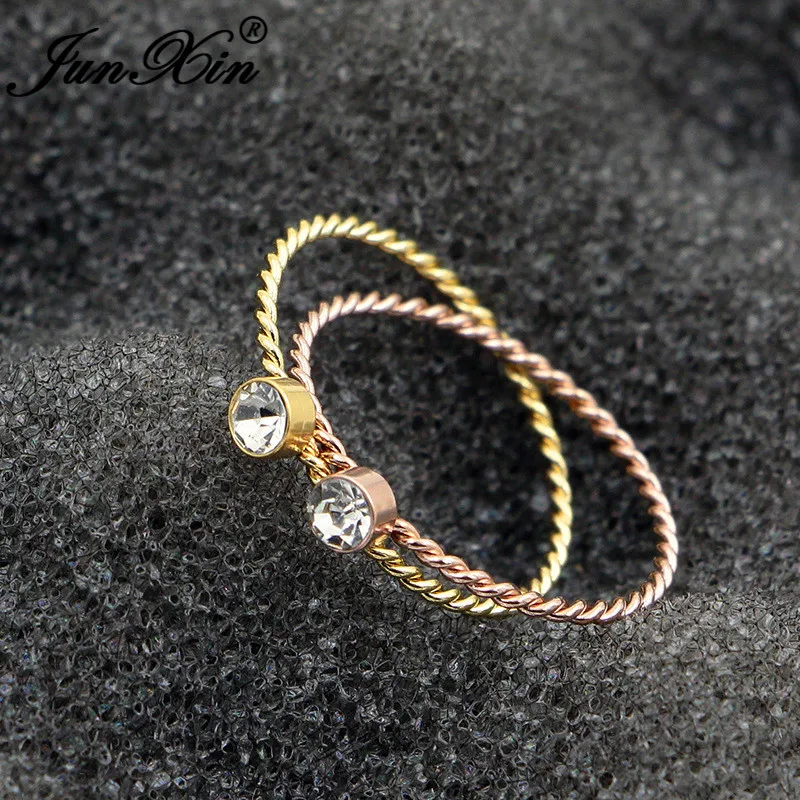JUNXIN женский укладки свадебные тонкие кольца для женщин Титан Нержавеющая сталь белый кристалл кольцо розовое золото цвет корейск