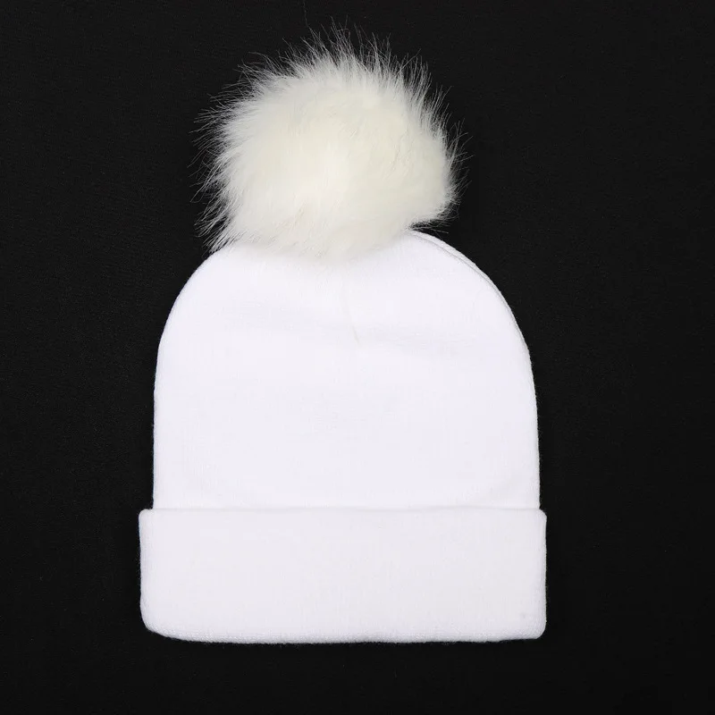 

Autumn New Women Faux Fur Pompom Hat Knitted Beanie Girl Skullies Wool Adult Winter Ponpon Caps Pom Pom Female Men WH023