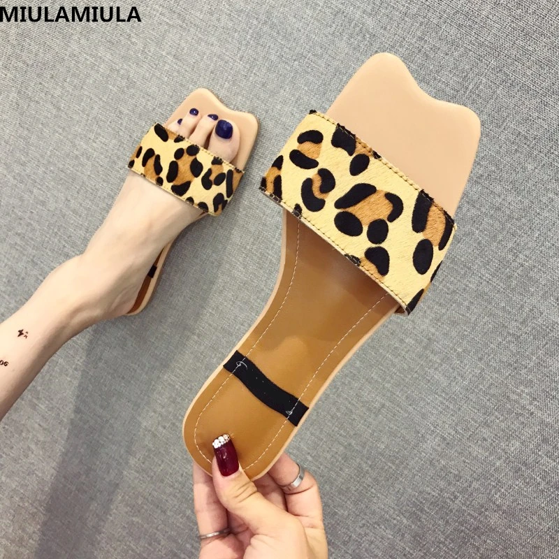 

MIULAMIULA Brand Designers 2019 Summer Brown White Sexy Leopard Woman Shoes Flat Suede Slides Slip On Loafers Mules Flip Flops