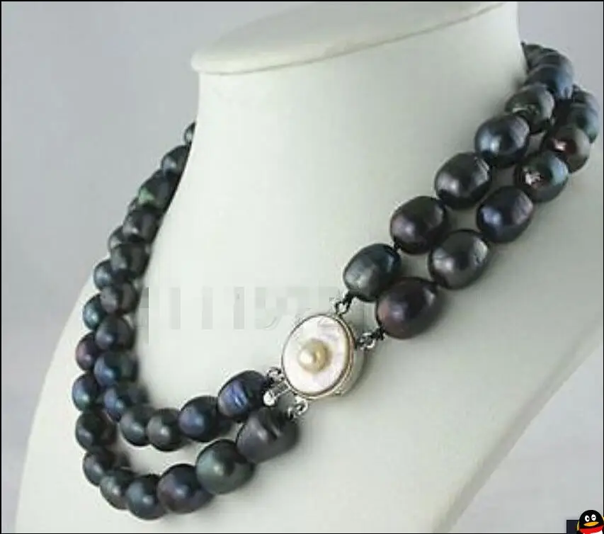 

2 Row 9-11mm black baroque Freshwater PEARL NECKLACE 17-18">bead charm body jewelry FREE SHIPPING