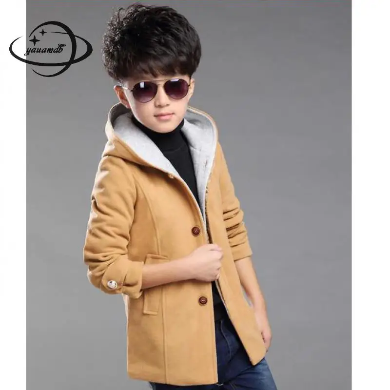 

YAUAMDB kids wool coat 2017 autumn spring 6-17Y boys cotton hooded outerwear children solid clothing long pocket warm clothes 46
