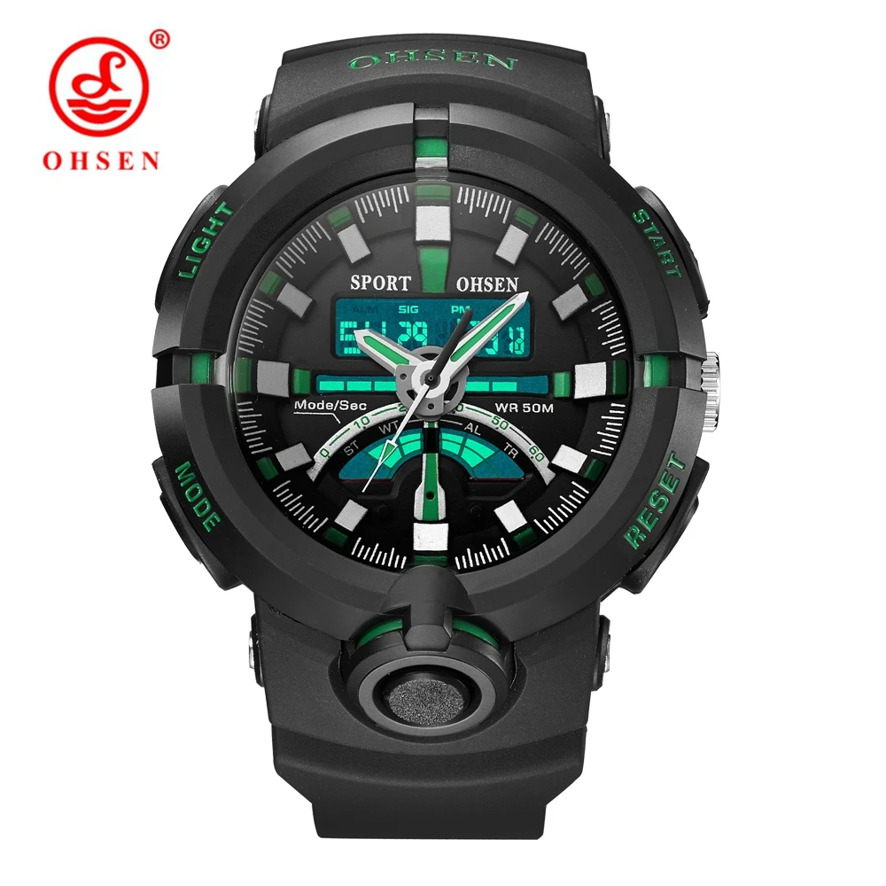 

2017 OHSEN Digital Quartz Outdoor Sport Men Watch Green Dual Time Display Silicone Band Military Fashion Waterproof Wristwatches