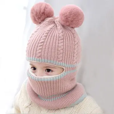 RUHAO/милый шарф с капюшоном шапки для маленьких мальчиков и девочек зимний теплый вязаный шарф с капюшоном и ушками из мультфильмов, деликатно вязанная твердая шляпа - Цвет: Pink