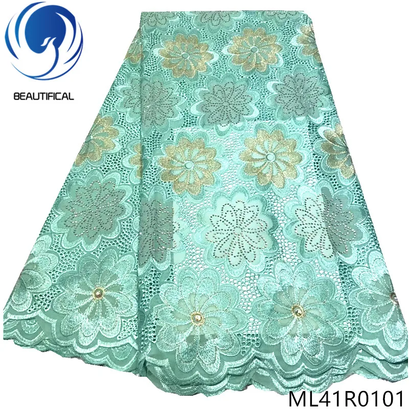 

BEAUTIFICAL Nigerian lace fabrics 5yards 2019 New embroidery stones swiss voile lace fabric for dress dry cotton lace ML41R01