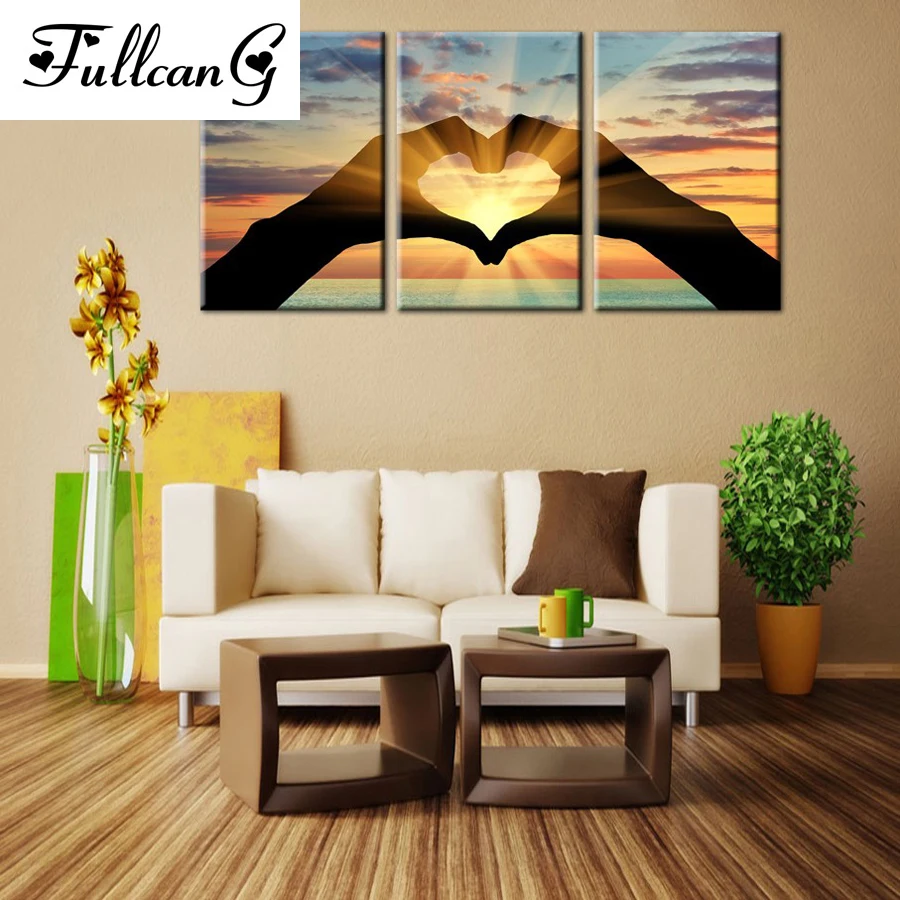 

FULLCANG setting sun love triptych mosaic needlework diy diamond painting cross stitch full square rhinestone embroidery E625