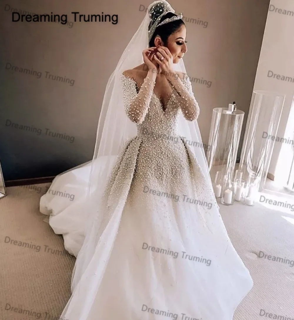 Роскошный жемчуг Overskirt свадебное платье с длинным рукавом в Западном и деревенском стиле Sheer Вернуться Арабская, Дубай Свадебные платья Съемная Поезд
