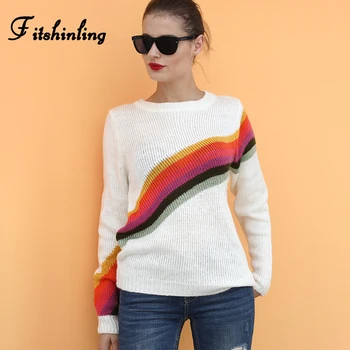 

Fitshinling Rainbow Striped Winter Sweaters Women Clothing 2019 Long Sleeve Knitted Jumper Pull Femme Korean Slim Pullovers Sale