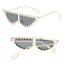 Алмазные крошечные жемчужные оправа «кошачий глаз» Солнцезащитные очки женские винтажные треугольные оттенки солнцезащитные очки со стразами для женщин из металла UV400
