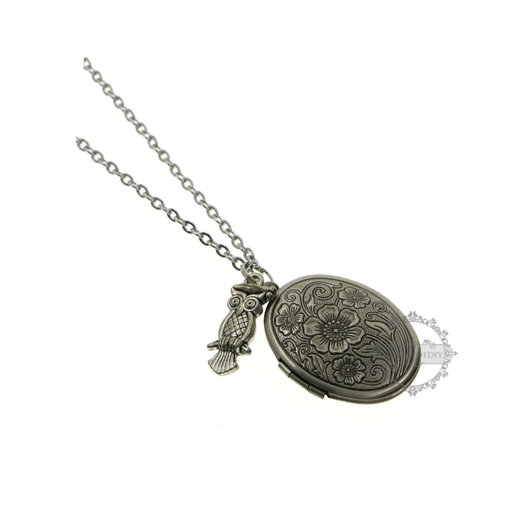 

16x22MM Vintage Style Antiqued Silver Owl Charm Flower Engraved Oval Photo Locket Pendant Long Necklace for Women 27'' 6340103