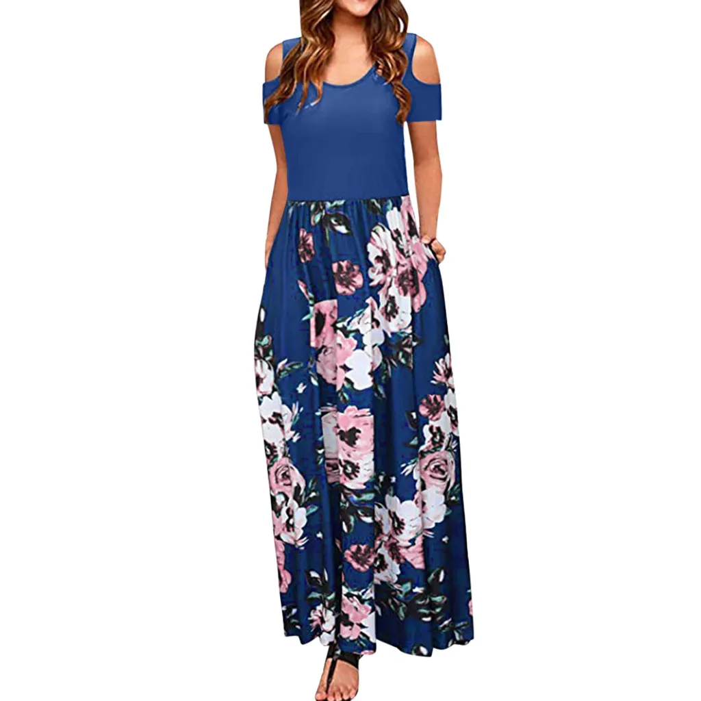 

Feitong Women Summer Dress 2019 Casual Short Sleeve Long Dress Boho Floral Print Maxi Dress Hollow Out Elegant Dresses Vestido