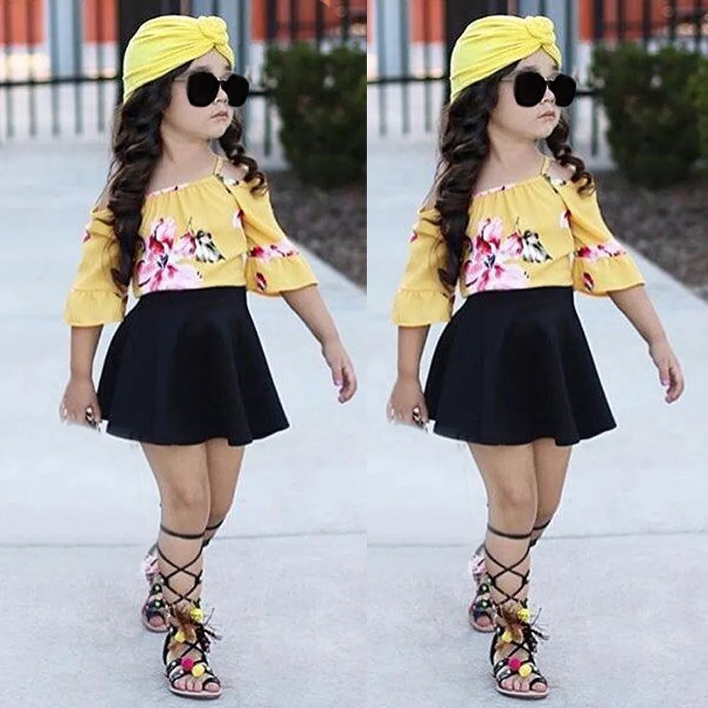 

Toddler Summer 2019 Kid Girls Clothes Fashion Off Shoulder Floral Top Shirt+Skirt Girls Outfits Kids Clothing For Girls Sets