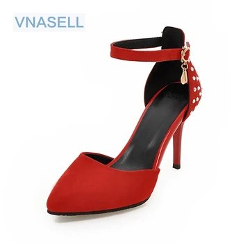 

new red women wedding shoes sexy Pointed Toe Buckle Strap Crystal thin heel High heels size 32 33 - 40 42 45 48