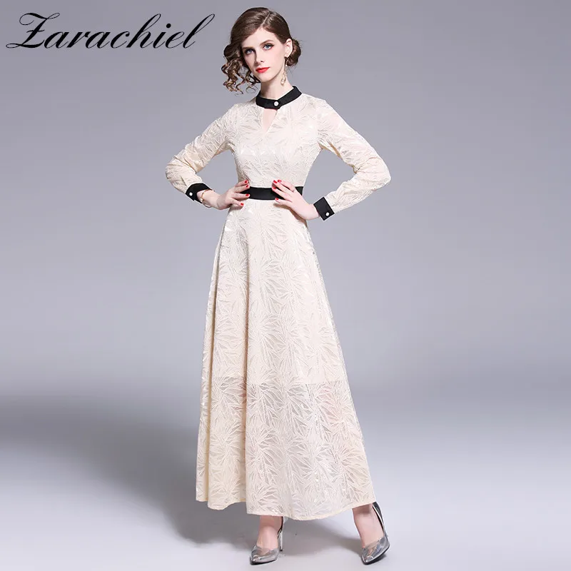 

New Arrival 2019 Spring Women Long Sleeve Lace Dress Elegant Lady Long Beige Long Sleeve Work Wear Office Long Dress Vestidos