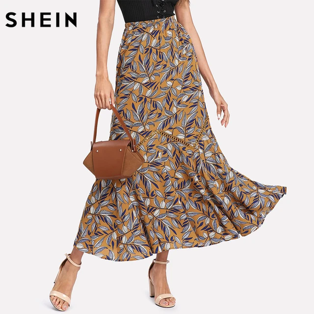 SHEIN Spring Long Skirts 2018 Women Mid Waist Multicolor Floral Maxi