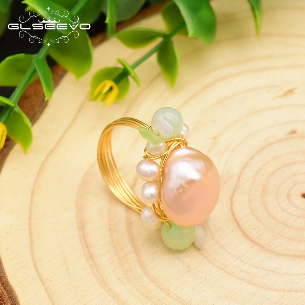 GLSEEVO ручной работы, оригинальное натуральное розовое жемчужное кольцо с зеленым камнем в стиле барокко для женщин, свадебное обручальное ювелирное изделие GR0233