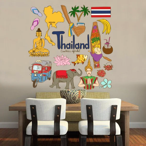 Thailand Colorful Illustration Travel The Word Landmark Wall Sticker Wedding Decor Vinyl Waterproof Wallpaper Decal | Дом и сад