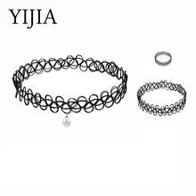 

YIJIA Pearl Choker Necklace Set 925 Sterling Sliver Necklace/Ring/Bracelet 7Colors Natural Pearl Wedding Jewelry Sets For Women