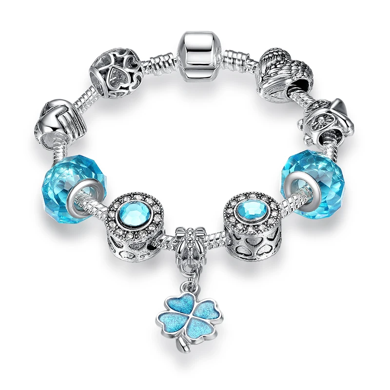 ELESHE Christmas Gift Blue Murano Glass Beads Crystal Clover Charm Bracelet Fit European Bracelet for Women Friendship Jewelry