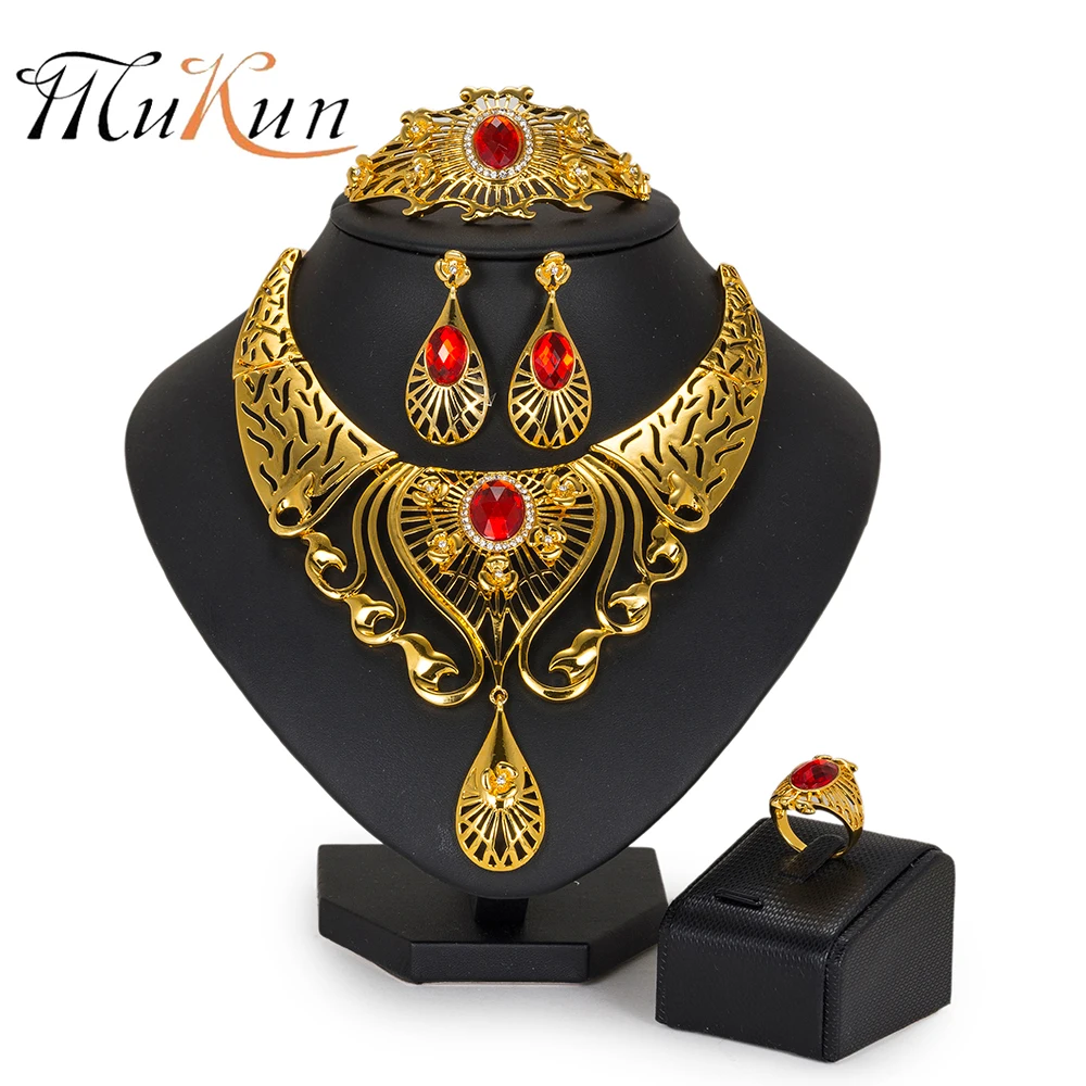 

MUKUN Fashion women jewelry set Nigeria Wedding bridal jewelry sets Dubai Gold Color big Necklace set african beads jewelry set