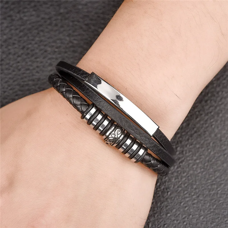 OBSEDE браслеты из натуральной кожи в стиле панк, черный и коричневый цвета, цепочка из нержавеющей стали, магнитная застежка, бусины, подвески, дизайн, крутые подарки