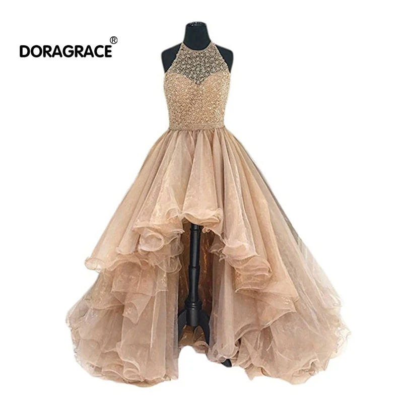 

Doragrace Glamorous High/Low Organza Beaded Evening Party Dresses Prom Gowns Plus Size