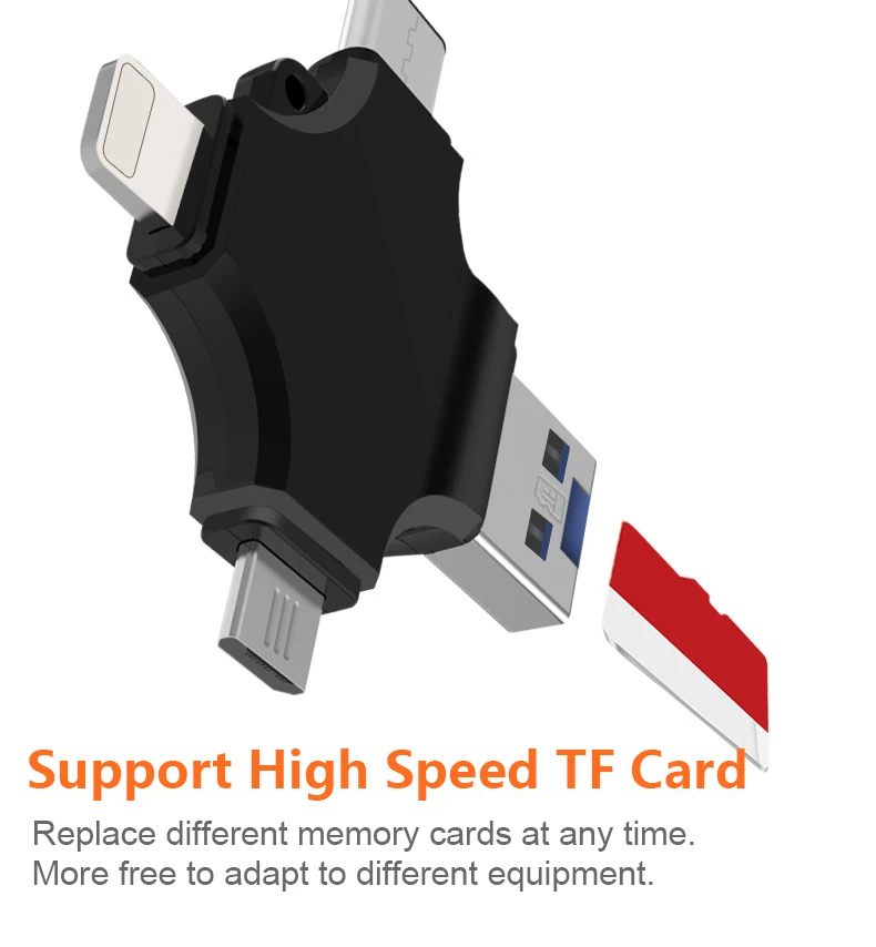4 в 1 USB 3,0 кард-ридер type-C/micro/USB IOS TF кард-ридер для освещения Android Поддержка высокоскоростного расширения TF карт - Цвет: black