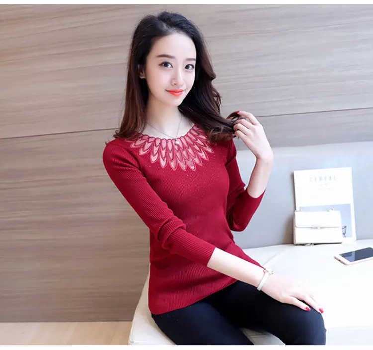 High Elastic Knitted Sweater Women 2019 Autumn Lace Patchwork Sweaters And Pullovers Lady Long Sleeve Red Pull Femme Hiver (5)