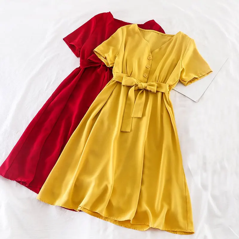 

Mferlier Women Summer Dress Elegant V Neck Short Sleeve Sashes Mori Girl Simple 7 Solid Colors Yellow Blue Thin Chiffon Dress