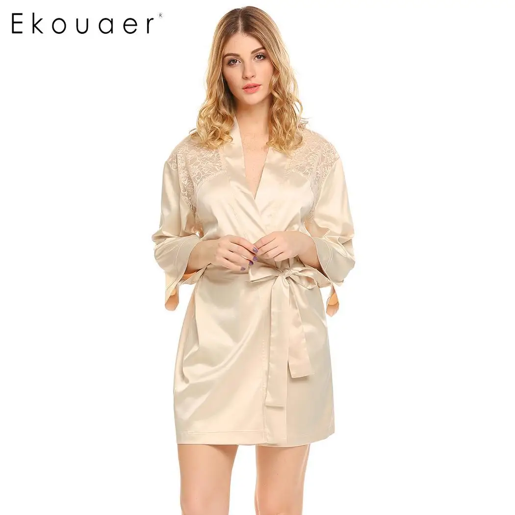 

Ekouaer Kimono Robe Women Satin Bathrobe Sleepweear V-Neck 3/4 Sleeve Lace Patchwork Elegant Bathroom Spa Robe Nightwear Clothes
