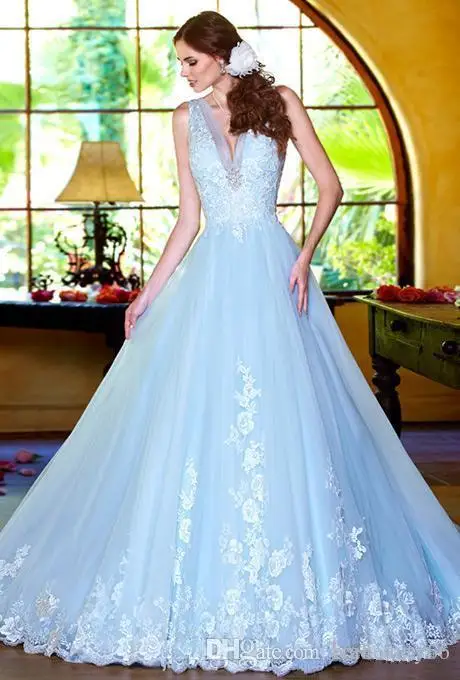 2017 azul cielo vestidos de novia profundo v cuello del a line de