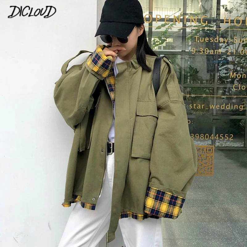 

DICLOUD Vintage Plaid Jackets Women Harajuku Autumn Oversized Coats Ladies Plus Size Long Outerwear Female Fashion Green Tops