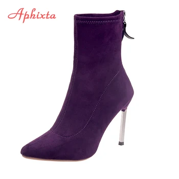 

Aphixta Stiletto Boots Women Shoes Zip Stretch Fabric Female Botas Pointed Toe Mid-Calf Socks Thin High Heel Elastic High Boots