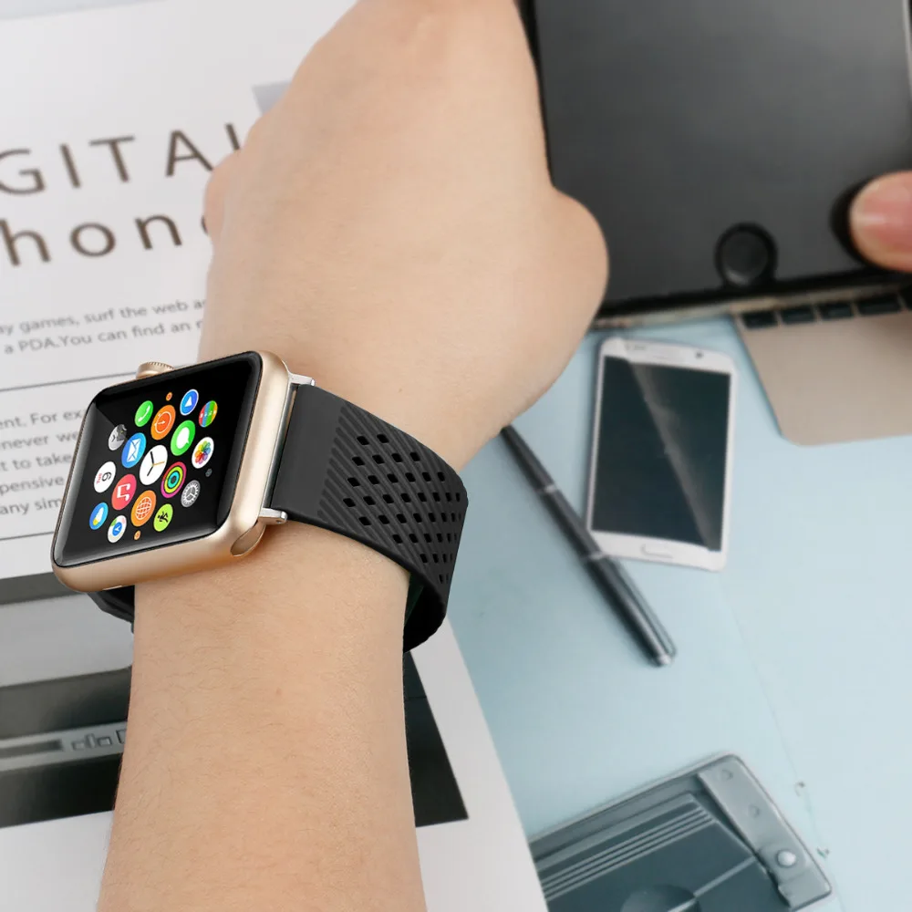Силиконовый ремешок для apple watch iwatch 3/2/1 38/42 мм, спортивный браслет, ремешок для наручных часов из дышащего материала пористая со стразами, резиновый наручный ремень