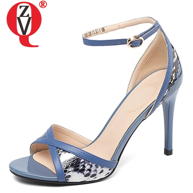 

ZVQ shoes woman summer new fashion mixed colors genuine leather party woman sandals outside super high thin heels buckle shoes