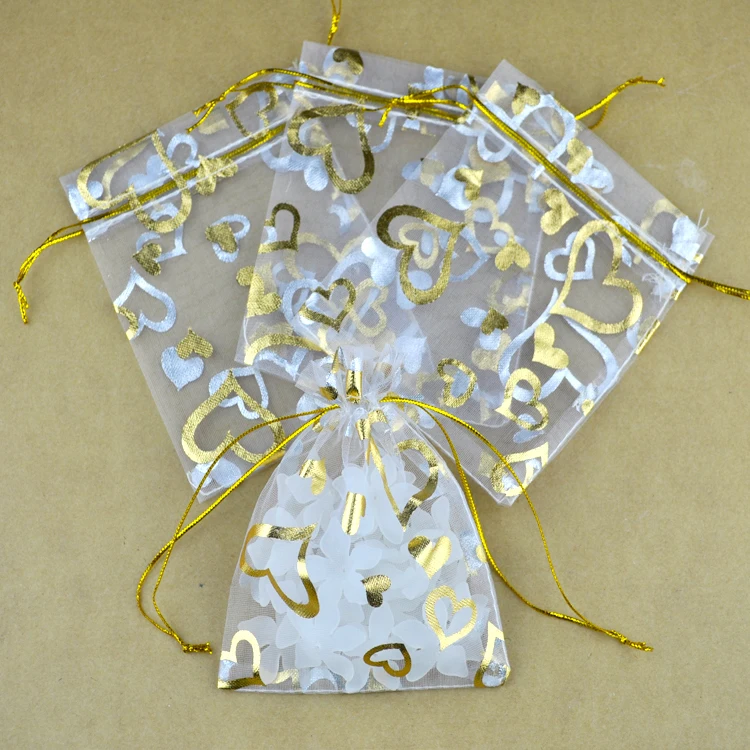 

7x9cm White Heart Pattern Organza Bags Wholesale 100pcs/lot Wedding Gift Bags Small Jewelry Packing Bags Wedding Pouches