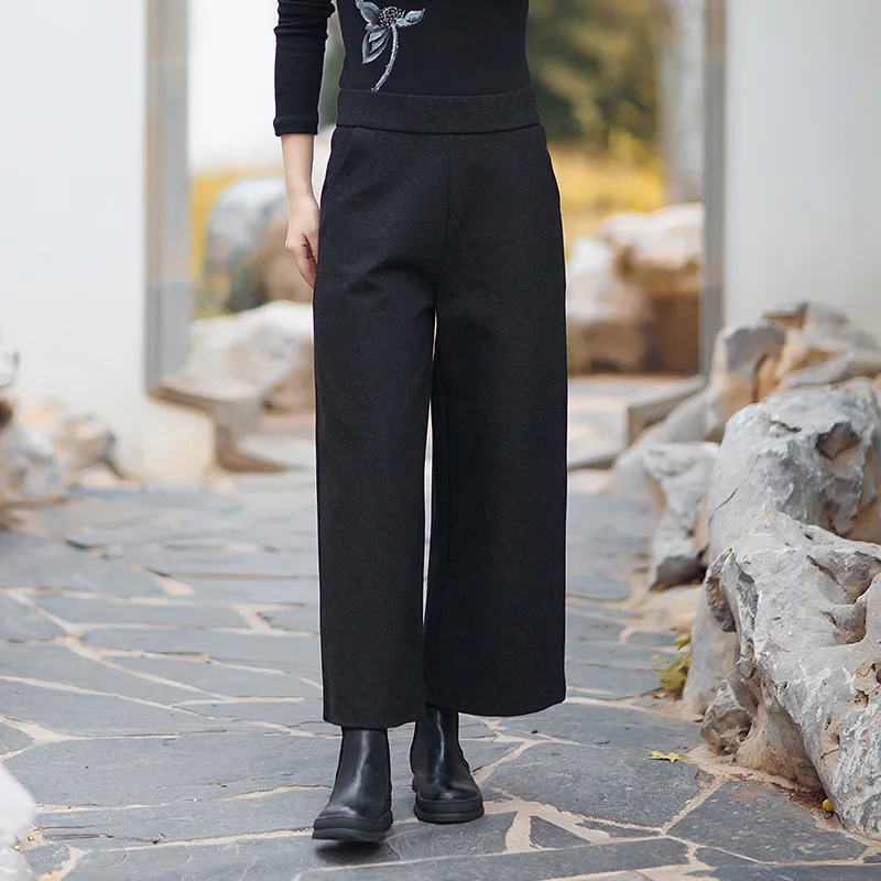 Negra E Casual Pantalones Otoño Negro Nuevo Pierna Nueve Cintura Lana De Invierno Amplia Retro Elástica Salvaje AUqXx5wxTP