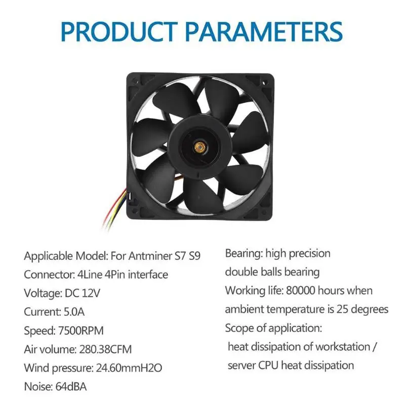 12В 5А шахтерский Вентилятор охлаждения 7500 об/мин 280.38CFM 4 линии 4-контактный разъем бесщеточный сменный воздушный охладитель для Antminer Bitmain S7 S9