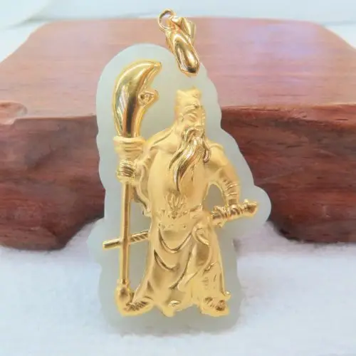Certificated 24k Yellow Gold 100% Natural Hetian Jade Guangong Pendant J.Lee