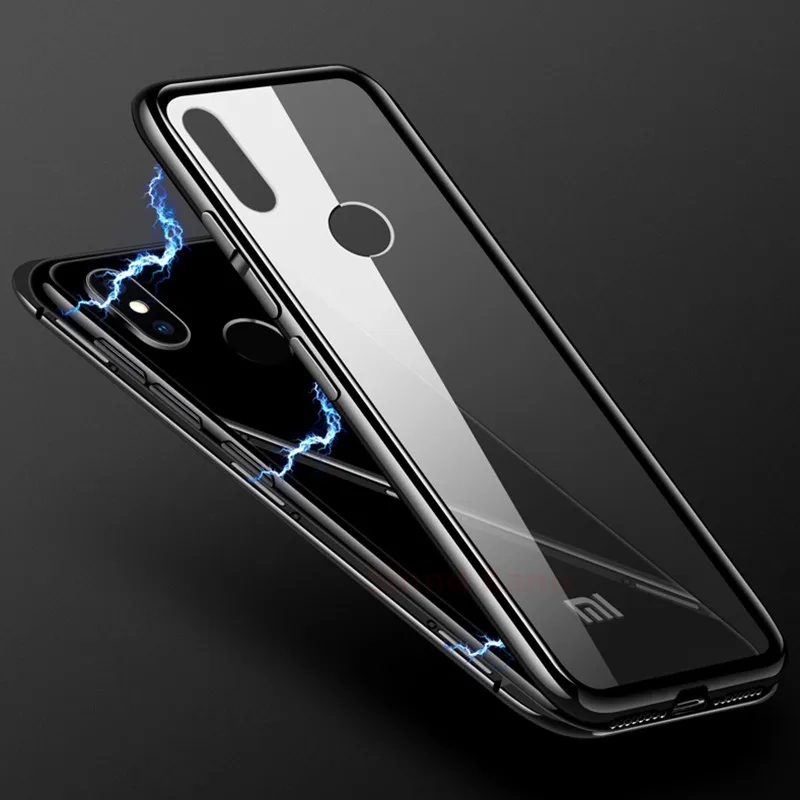 

Magnetic Adsorption Phone Case For Xiaomi Redmi Note 5 Aluminum Metal Bumper Tempered Glass Capa For Xiaomi Mi8 8 SE Flip Cases
