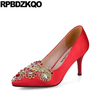 

ladies pointed toe diamond female crystal high heels shoes satin medium rhinestone pumps red size 4 34 stiletto 3 inch wedding