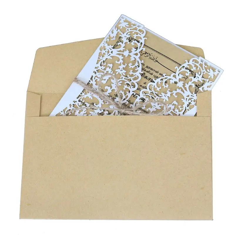 10pcs/set Laser Cut Wedding invitations Cards Lace Burlap Tie Invite Envelopes Kit For Engagement B - 33044281385