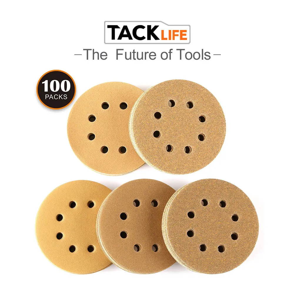 Tacklife 100 шт. 8 отверстий шлифовальные диски 5 дюймов крюк петля для полировальной машины песочные колодки Набор шлифовальный диск абразивы анти-засорение