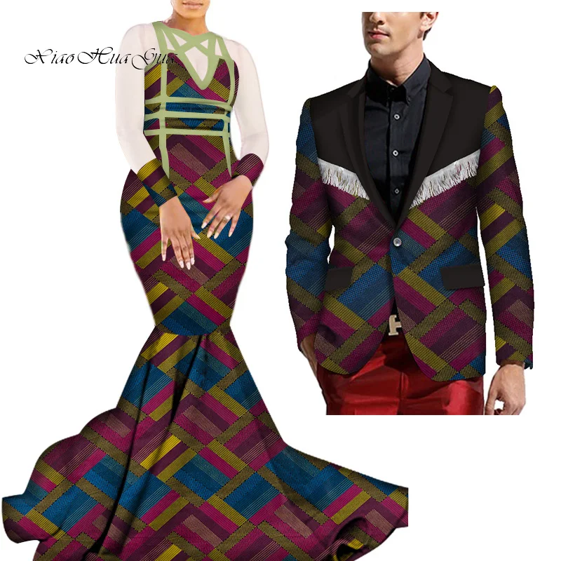 African Mermaid Bazin Riche Dresses for Couples Dashiki African Couple Clothing Women's Dress+Men's Blazer 2 Pieces Set WYQ275 - Color: 13